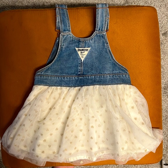 2T OshKosh Toddler Overalls Champagne Jean Dress w/ Gold Glitter Tulle Hearts - Picture 3 of 5